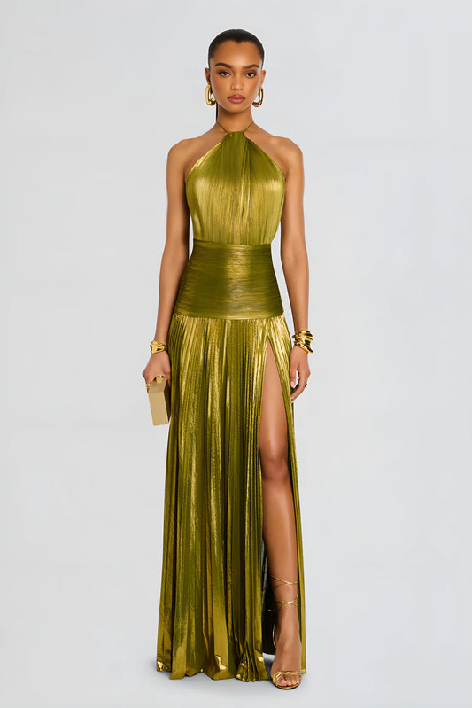 Thalia – Metallic Peridot Maxi Dress
