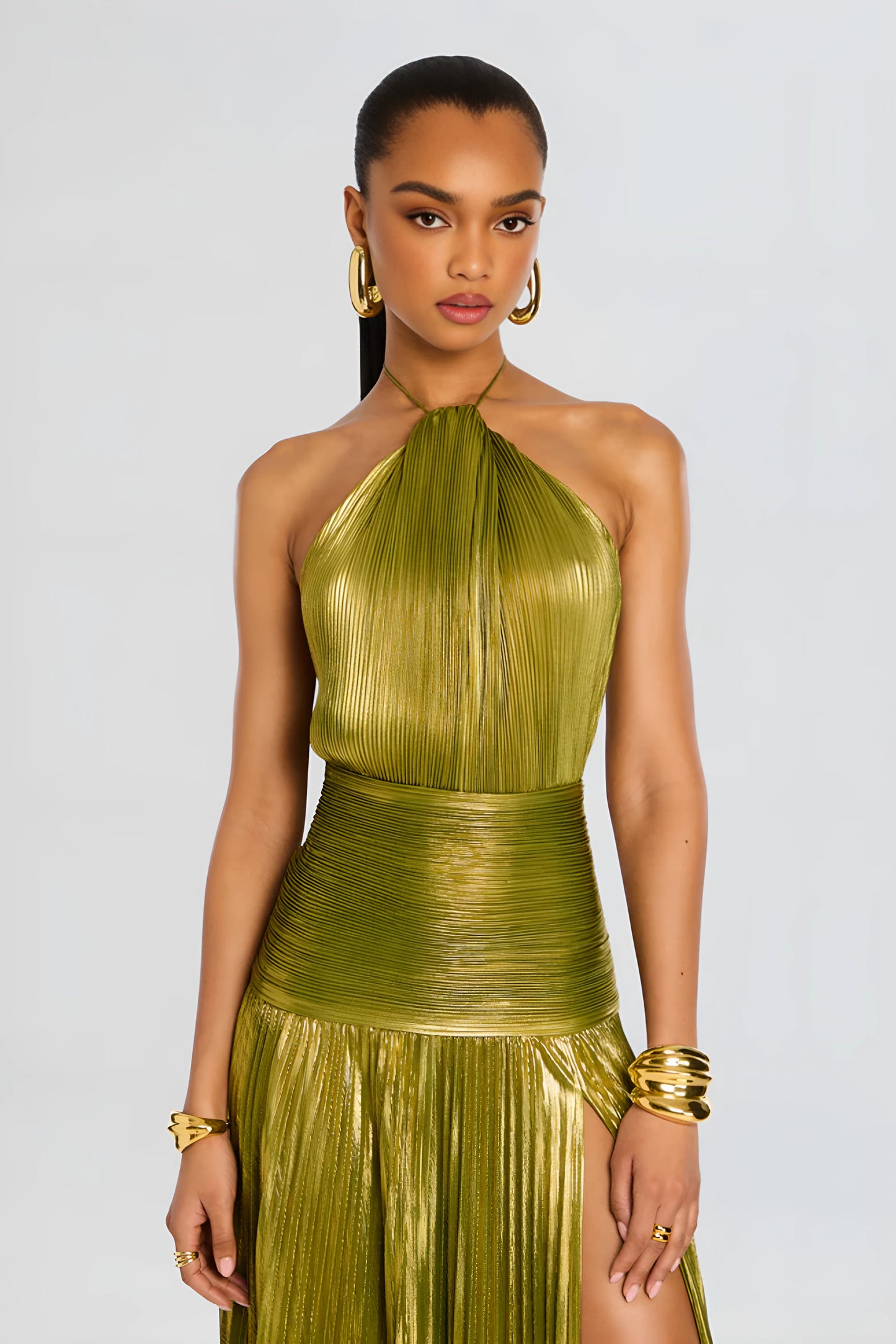 Thalia – Metallic Peridot Maxi Dress