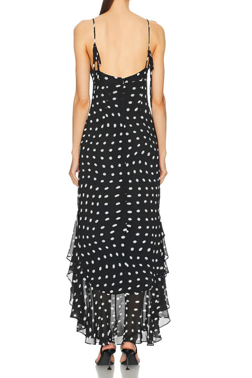 Black and Cream Polkadot Ruffle Maxi Dress