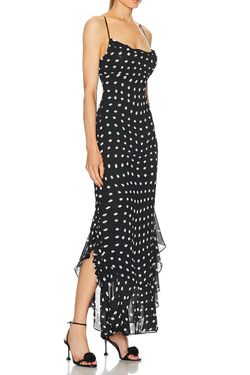 Black and Cream Polkadot Ruffle Maxi Dress