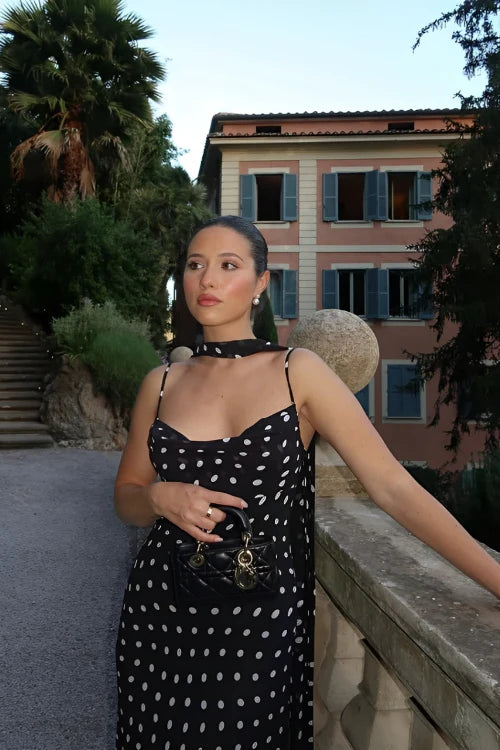 Black and Cream Polkadot Ruffle Maxi Dress