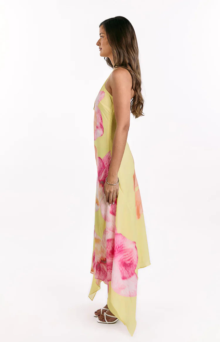 Elowen — Yellow Hibiscus Floral Halter Maxi Dress