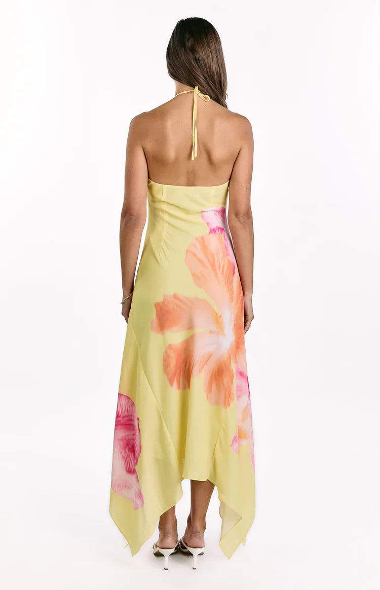 Elowen — Yellow Hibiscus Floral Halter Maxi Dress