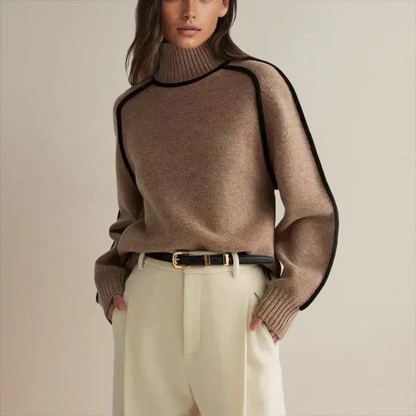 Contemporary High-Neck Sweater with Black Trim