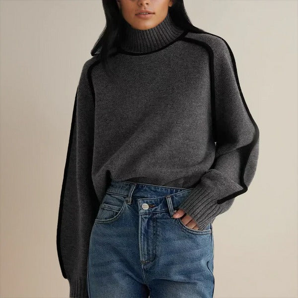 Contemporary High-Neck Sweater with Black Trim