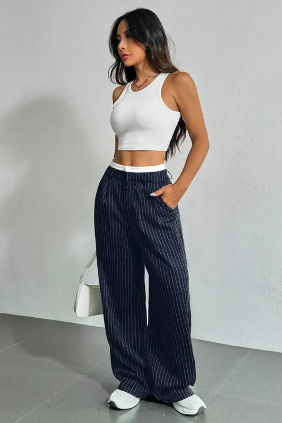 Striped – Wide Leg Pants with Utility Pockets
