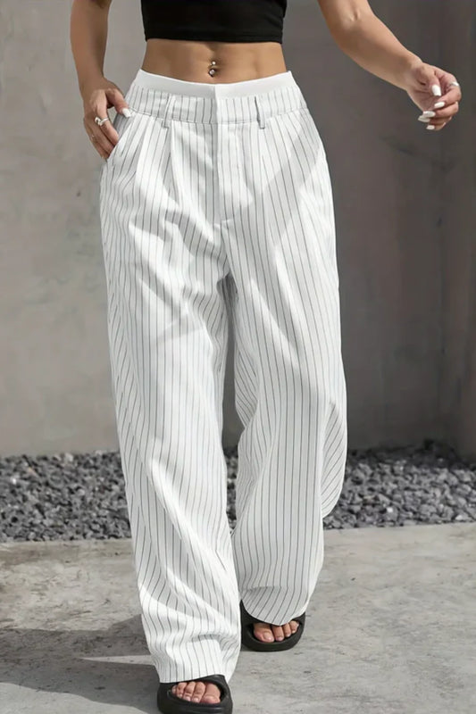 Striped – Wide Leg Pants with Utility Pockets