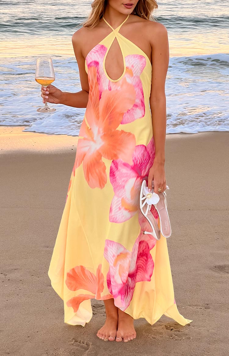 Elowen — Yellow Hibiscus Floral Halter Maxi Dress