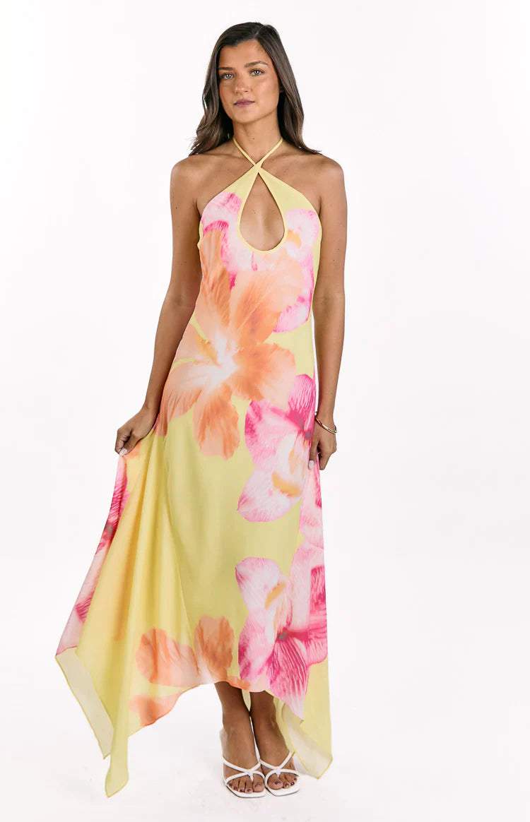 Elowen — Yellow Hibiscus Floral Halter Maxi Dress