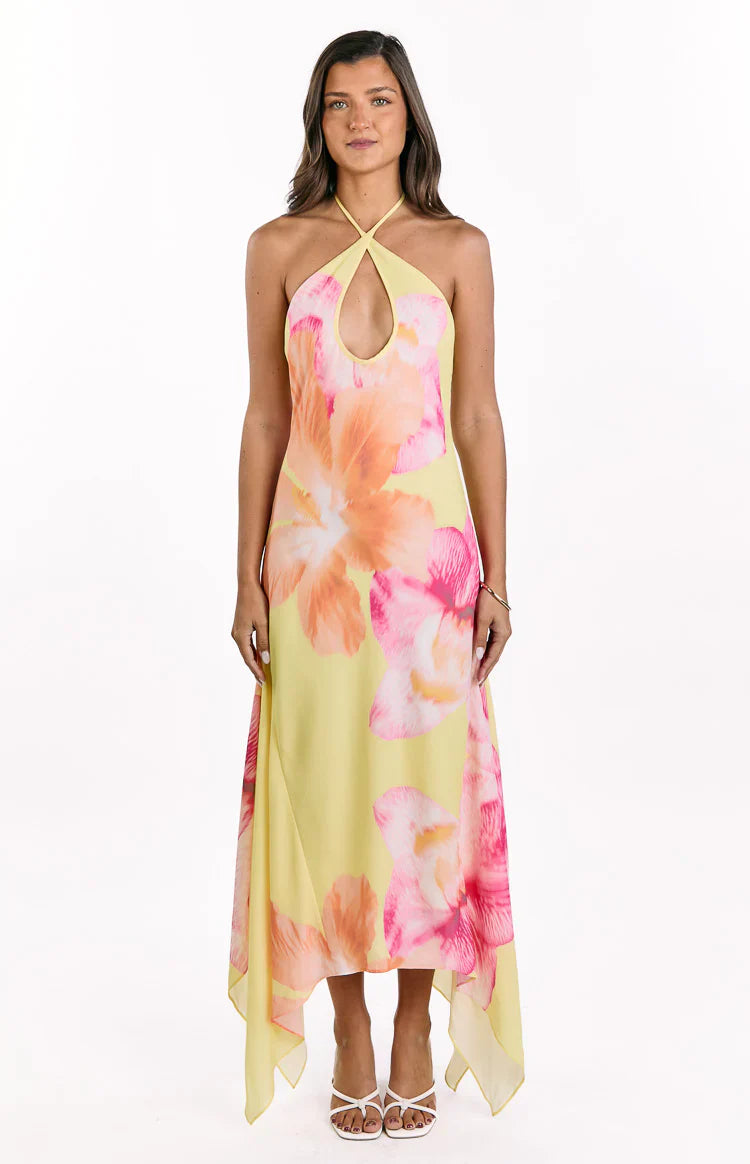 Elowen — Yellow Hibiscus Floral Halter Maxi Dress