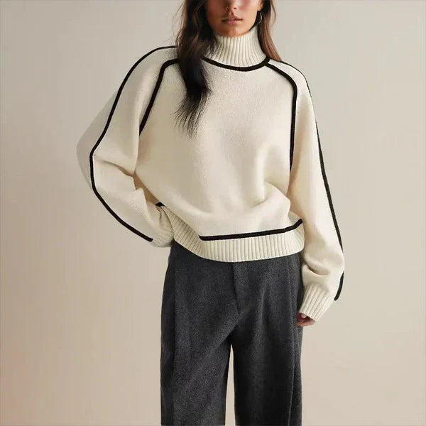 Contemporary High-Neck Sweater with Black Trim