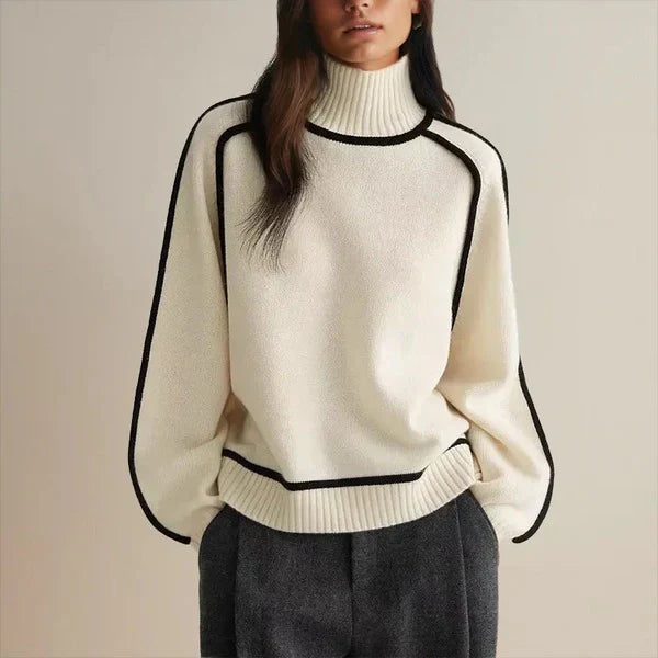 Contemporary High-Neck Sweater with Black Trim
