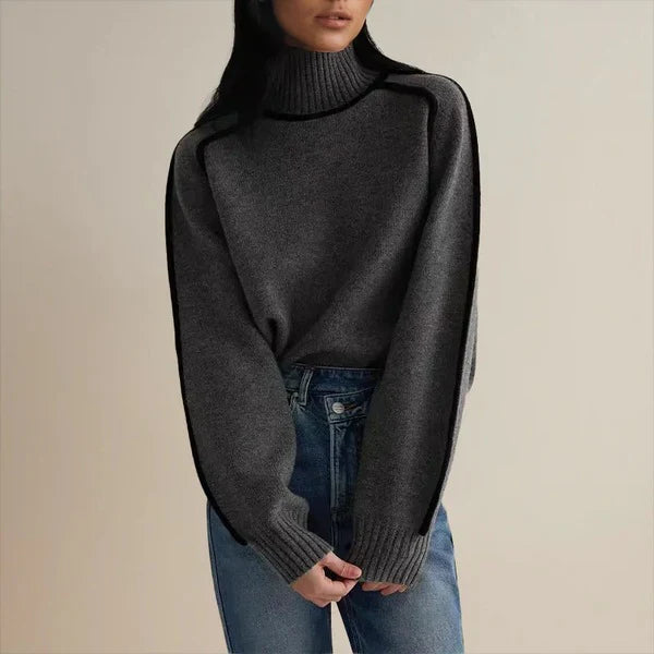 Contemporary High-Neck Sweater with Black Trim