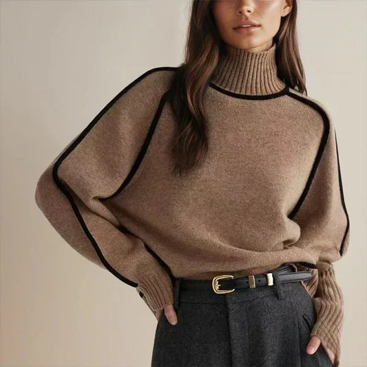 Contemporary High-Neck Sweater with Black Trim
